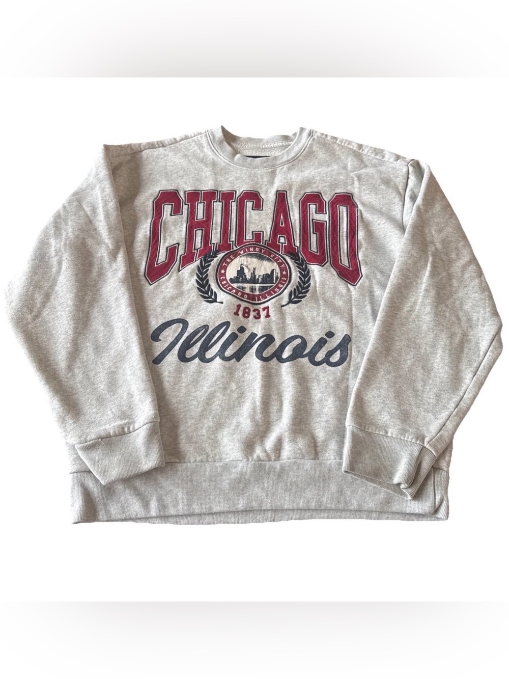 Hollister Sweatshirt Mens Large Crewneck Chicago Illinois Heather Gray Relaxed
